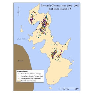 The image shows seasonal differences in chimpanzee sighting locations on Rubondo Island, Tanzania.