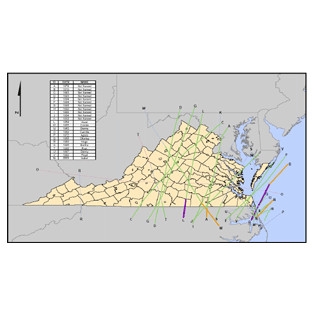 Hurricane tracks in Virginia between 1851-2003.