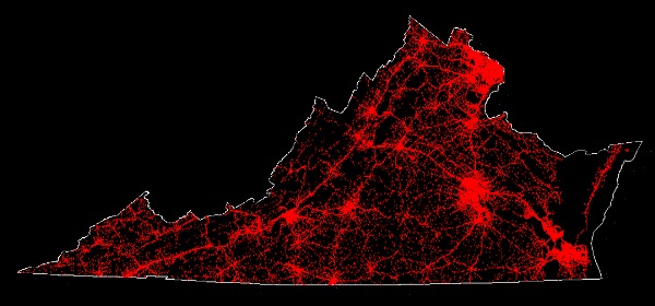 Scatterplot of police-reported crash locations in Virginia in 2011
